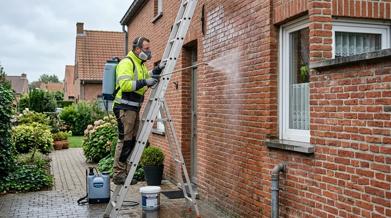 Vakman brengt een waterafstotende impregnatie aan op een bakstenen gevel